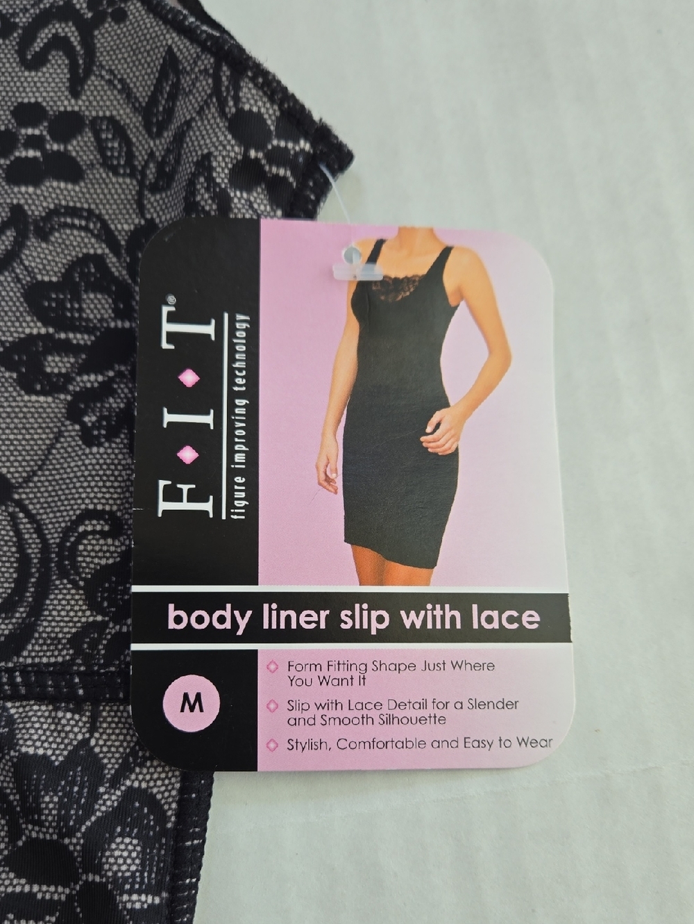 FIT Figure Improving Technology Lace Overlay Slip Dress Black Light Gray, NWT, M - Picture 3 of 8